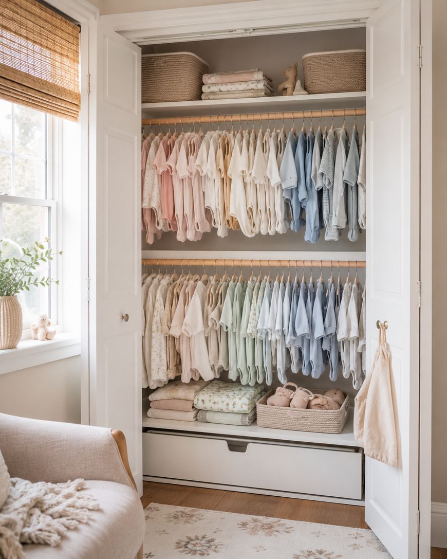 A neatly organized baby closet with clothes in pastel colors hanging on wooden rods, baskets and folded blankets on shelves, and a drawer at the bottom. Soft natural light streams in from a nearby window.