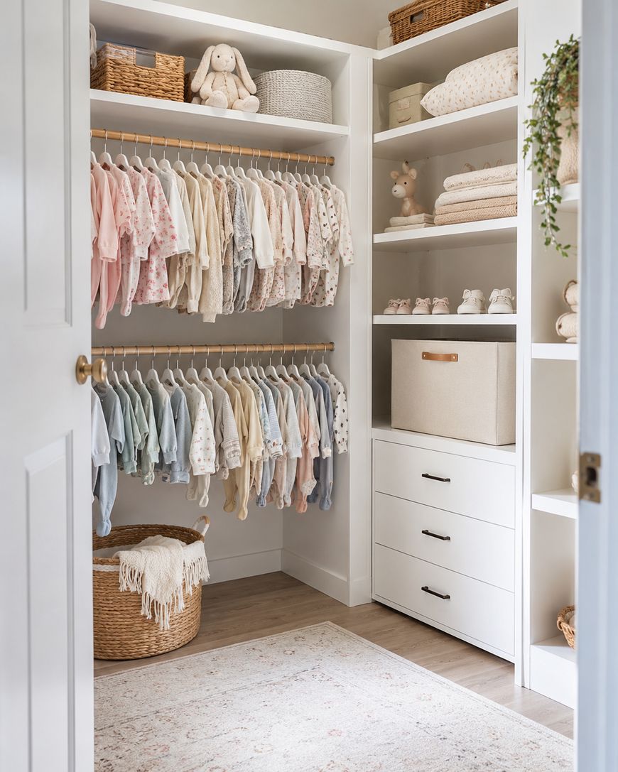 Organized baby closet with pastel clothes on hangers, shelves holding baskets, shoes, stuffed animals, and a decorative box. A woven basket with a blanket sits on the floor, and a soft rug is in front.