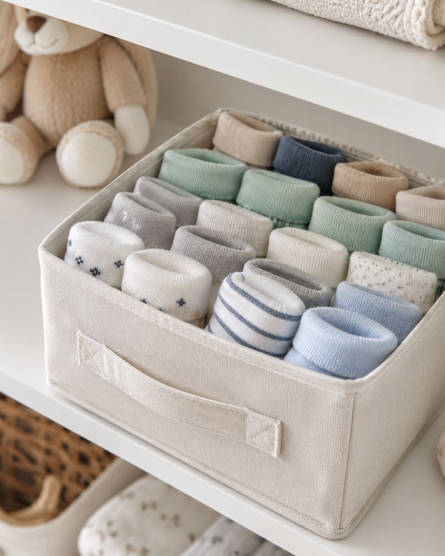 A fabric box on a white shelf holds neatly rolled baby socks in various colors and patterns. A plush teddy bear and folded towels are visible nearby, creating an organized and cozy nursery scene.