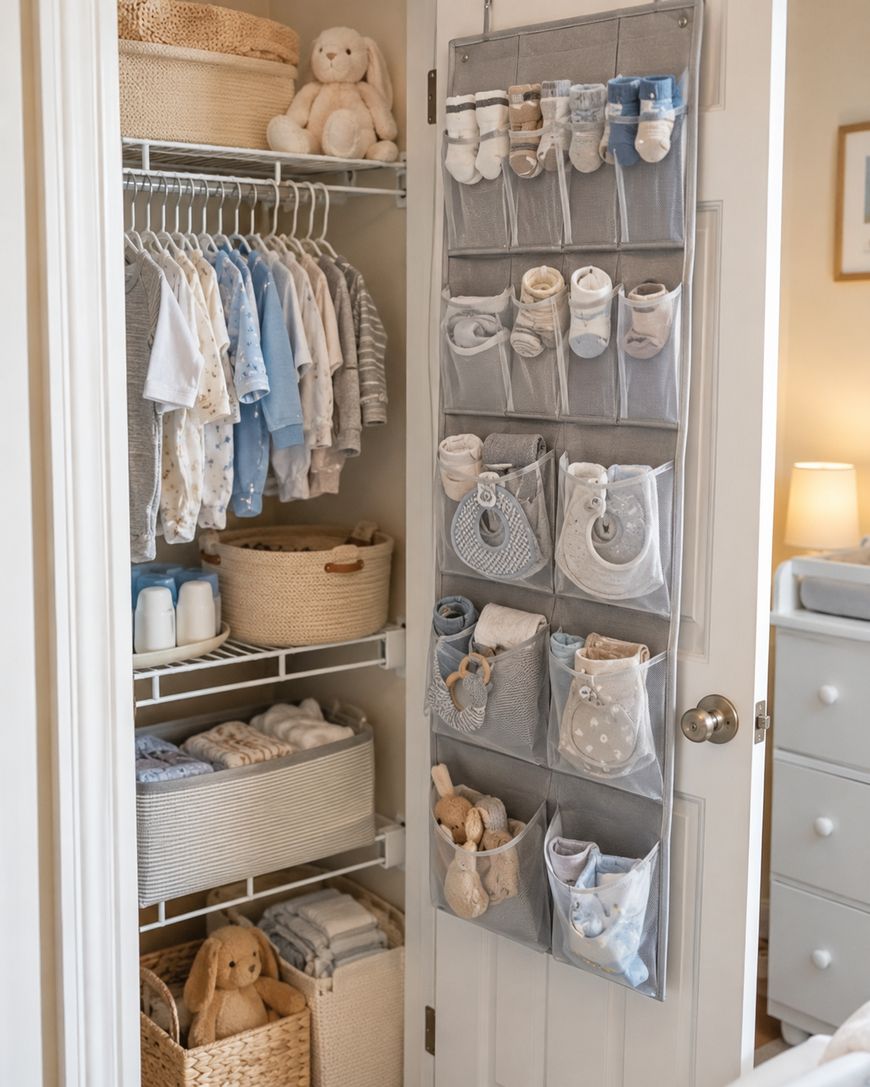 A neatly organized baby closet with clothes on hangers, baskets on shelves, and a door organizer holding baby shoes, socks, and accessories. A stuffed bear and bunny are also visible.