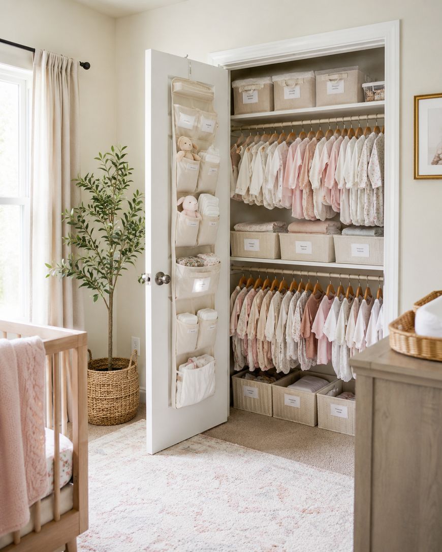 A neatly organized baby closet with clothes in pastel colors on hangers, labeled storage bins on shelves and closet floor, door pockets holding toys, and a cozy nursery with a crib, plant, and changing table nearby.