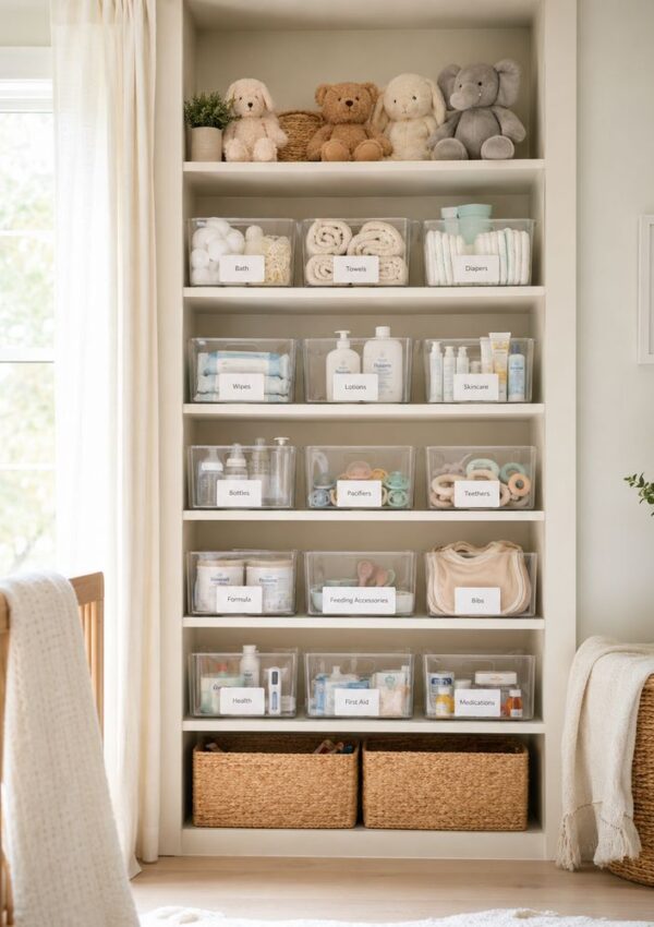 A neatly organized nursery shelf showcases clever baby organization ideas with labeled bins for towels, diapers, lotions, and bottles. Plush toys and rolled blankets rest up top, while woven baskets below help keep your home tidy as sunlight streams in.
