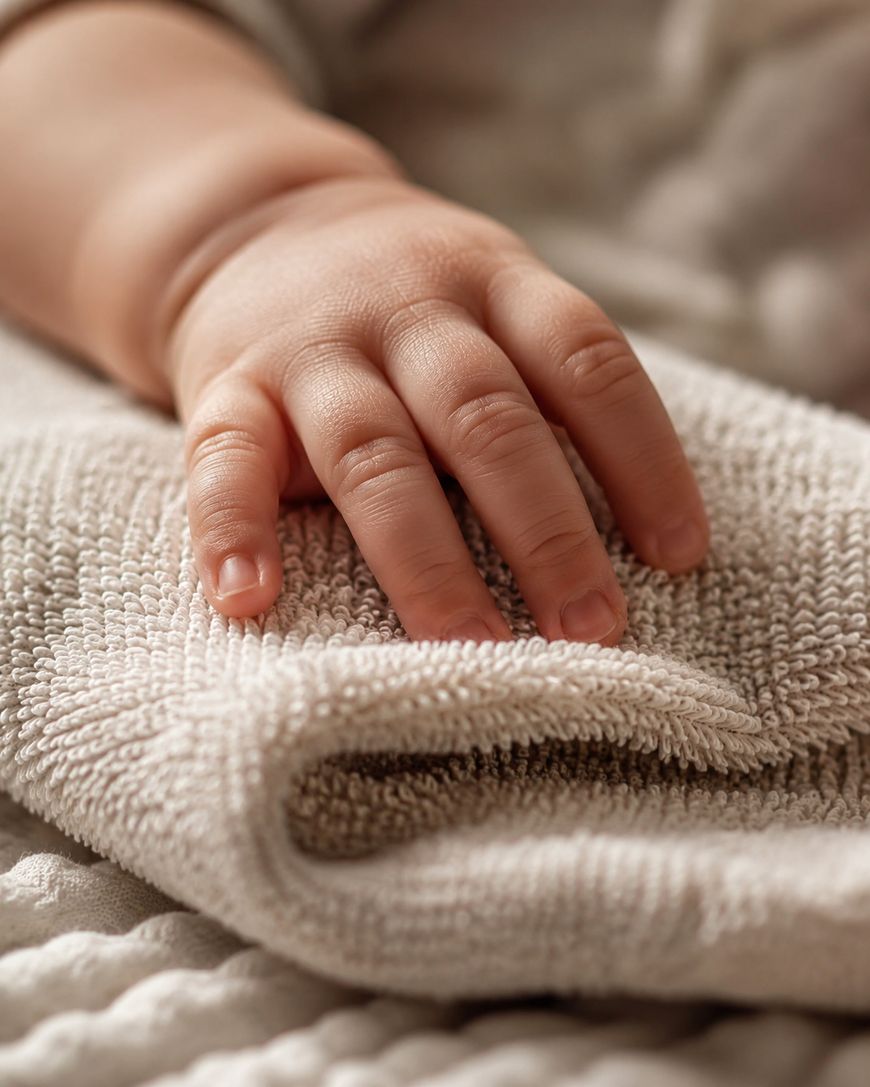 A close-up of a babys hand gently resting on a soft, textured beige towel, with light coming from the left side.
