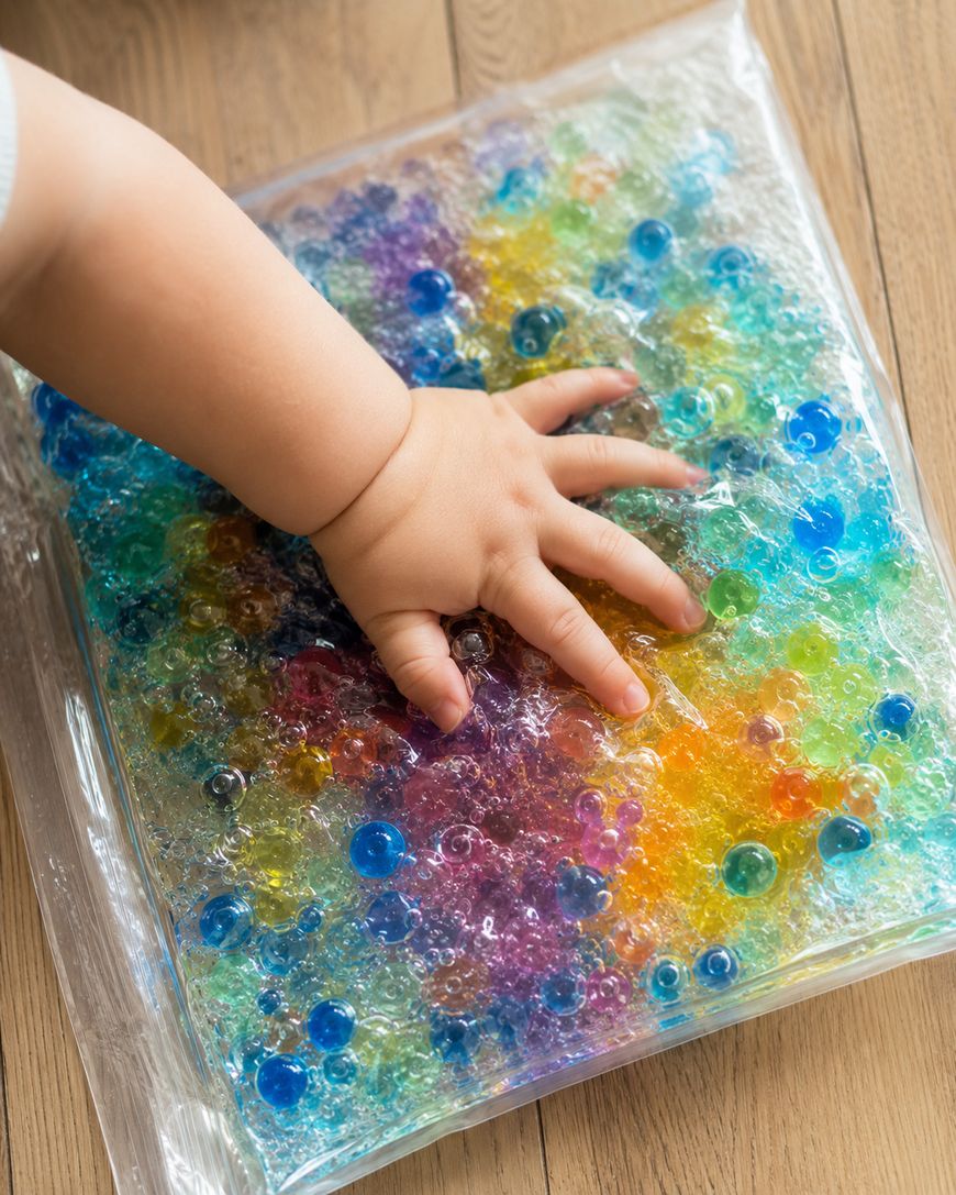 A childs hand presses on a sealed sensory bag filled with colorful water beads and gel, placed on a wooden surface.