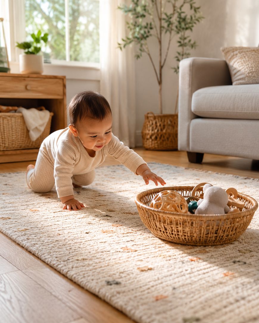 A baby in a beige outfit crawls on a rug in a sunlit living room, reaching for a wicker basket filled with toys.