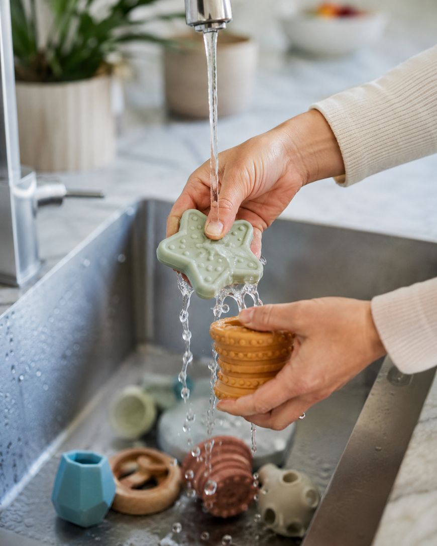 Two hands rinse colorful, textured silicone toys under running water in a kitchen sink, with more toys and a plant in the background.