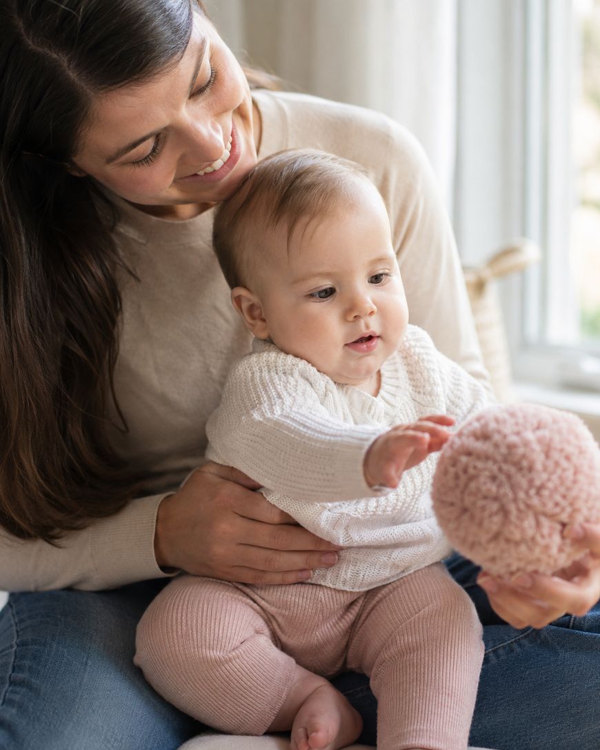 A woman holds a baby on her lap while the baby reaches for a fluffy pink ball. Both are smiling and sitting by a bright window.