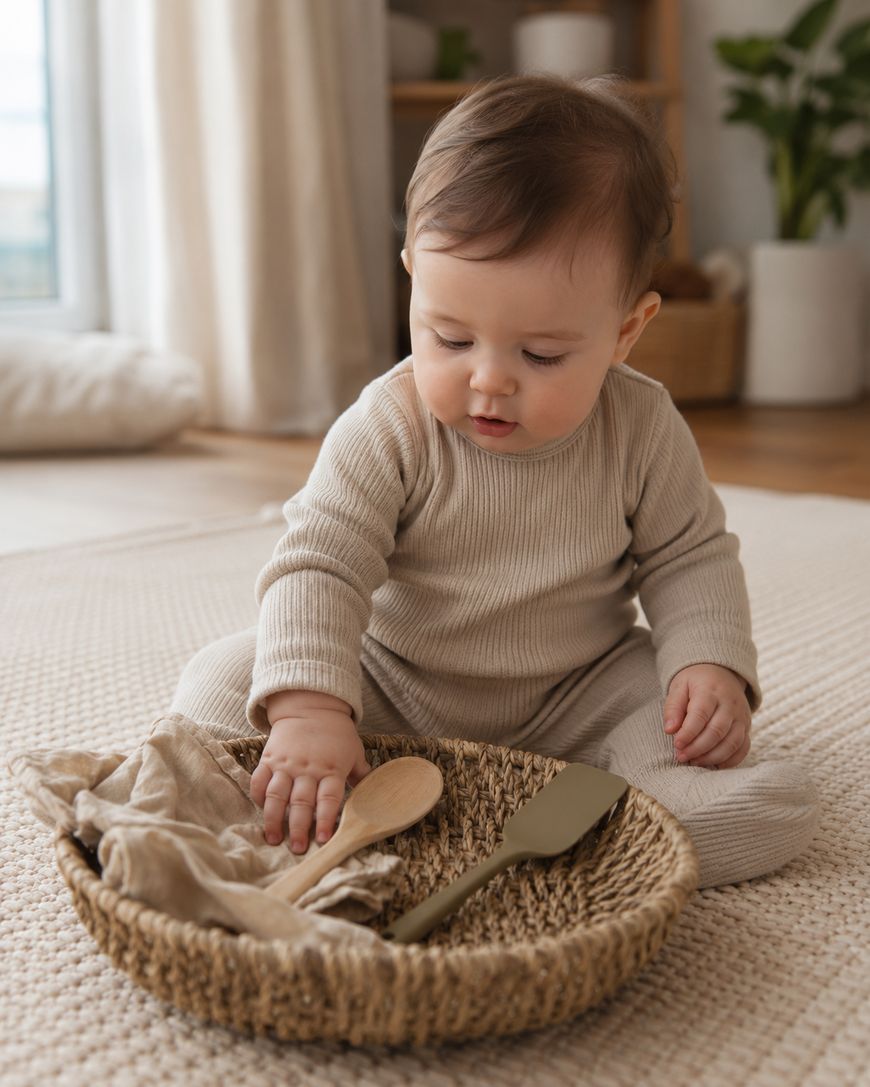 A baby in beige clothes sits on a rug, reaching into a woven basket with a wooden spoon and spatula. Plants and soft furnishings are visible in the background.