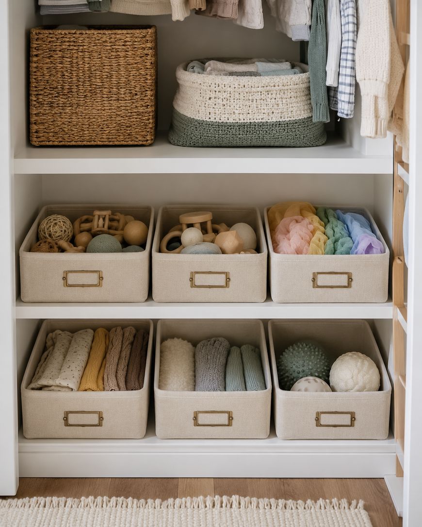 A neatly organized closet with beige storage bins holding toys, wooden items, folded clothes, and a woven basket. Clothes and knitted blankets hang above the shelves.