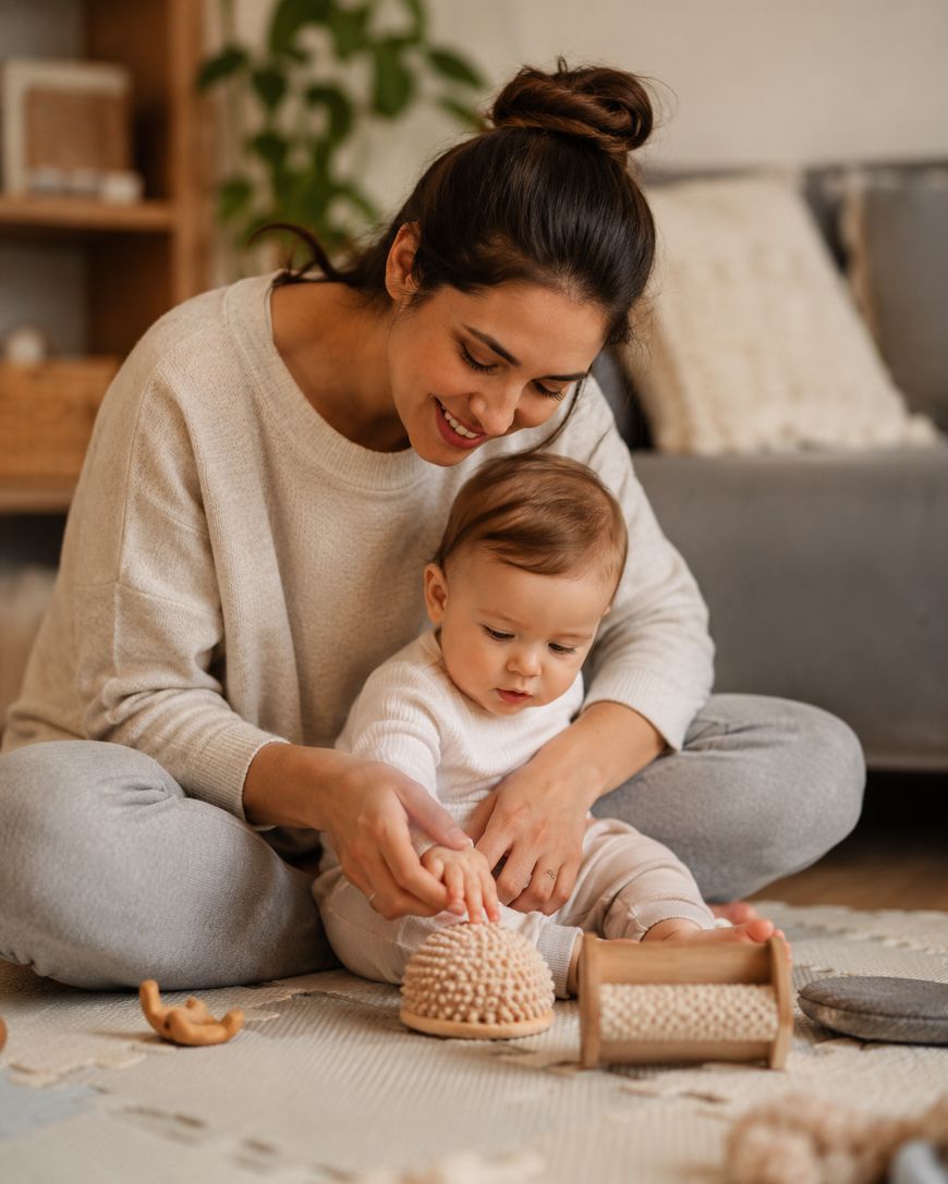 A woman sits cross-legged on the floor, smiling and helping a baby play with textured toys. They are both dressed in cozy, neutral-colored clothes in a warm, home setting.