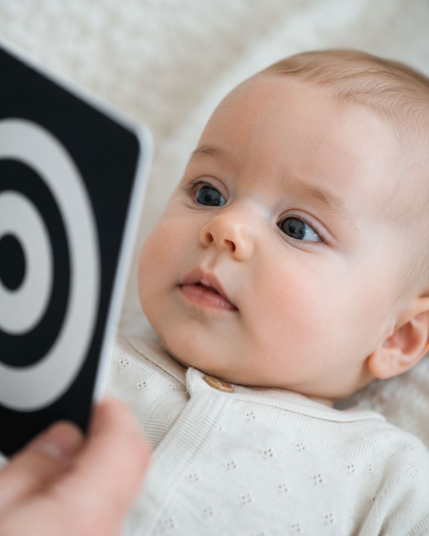 A baby lying down looks intently at a black and white card with a spiral pattern, held by an adult hand. The baby wears a white outfit and appears curious, with soft lighting in the background.