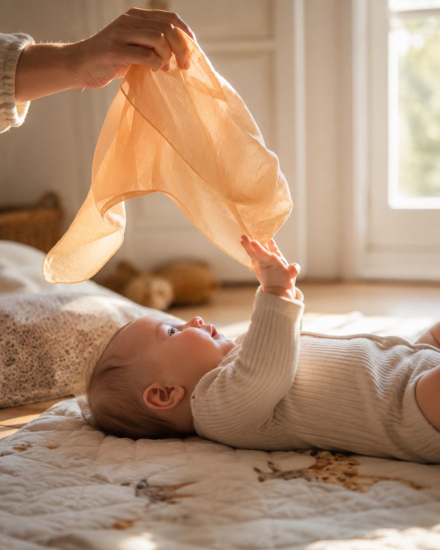 A baby lies on a soft blanket, reaching up toward a sheer, peach-colored cloth being held above by an adult hand. Sunlight streams through a nearby window, creating a warm, cozy atmosphere.