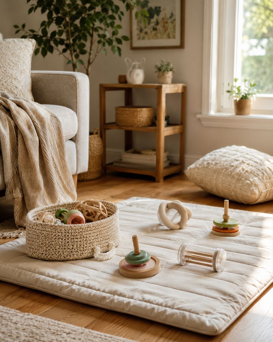 A cozy living room with a soft mat on the floor, baby toys in a woven basket, wooden toys, a pouf, a beige sofa with a blanket, a plant, and sunlight streaming through a window.