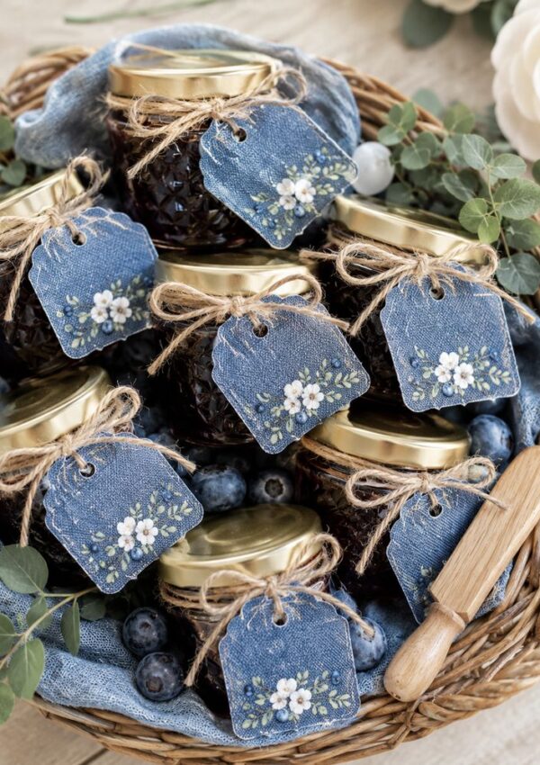A wicker basket holds jars with gold lids, tied with twine and blue floral tags. Blueberries, leaves, and a wooden honey dipper are also in the basket. A white flower is visible in the background.