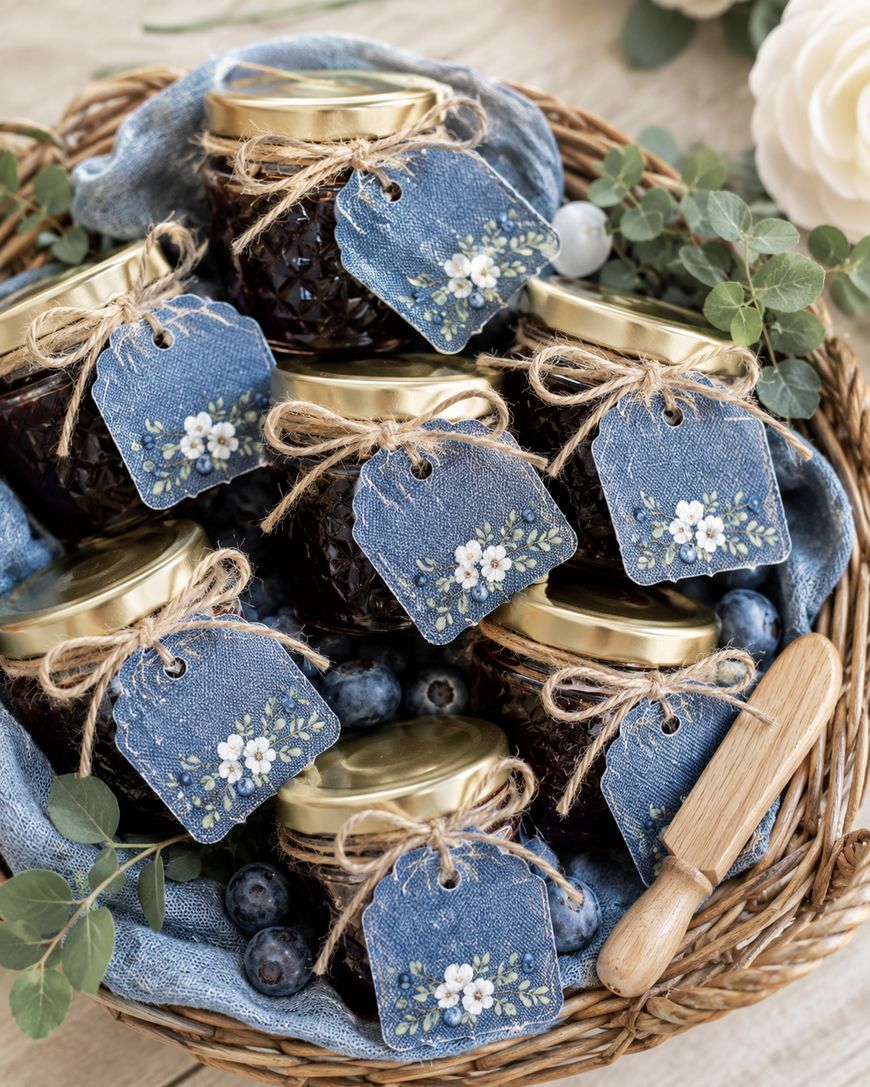 A basket of jam jars with gold lids, denim tags decorated with painted flowers, twine bows, fresh blueberries, greenery, and a small wooden spreader on a blue cloth.