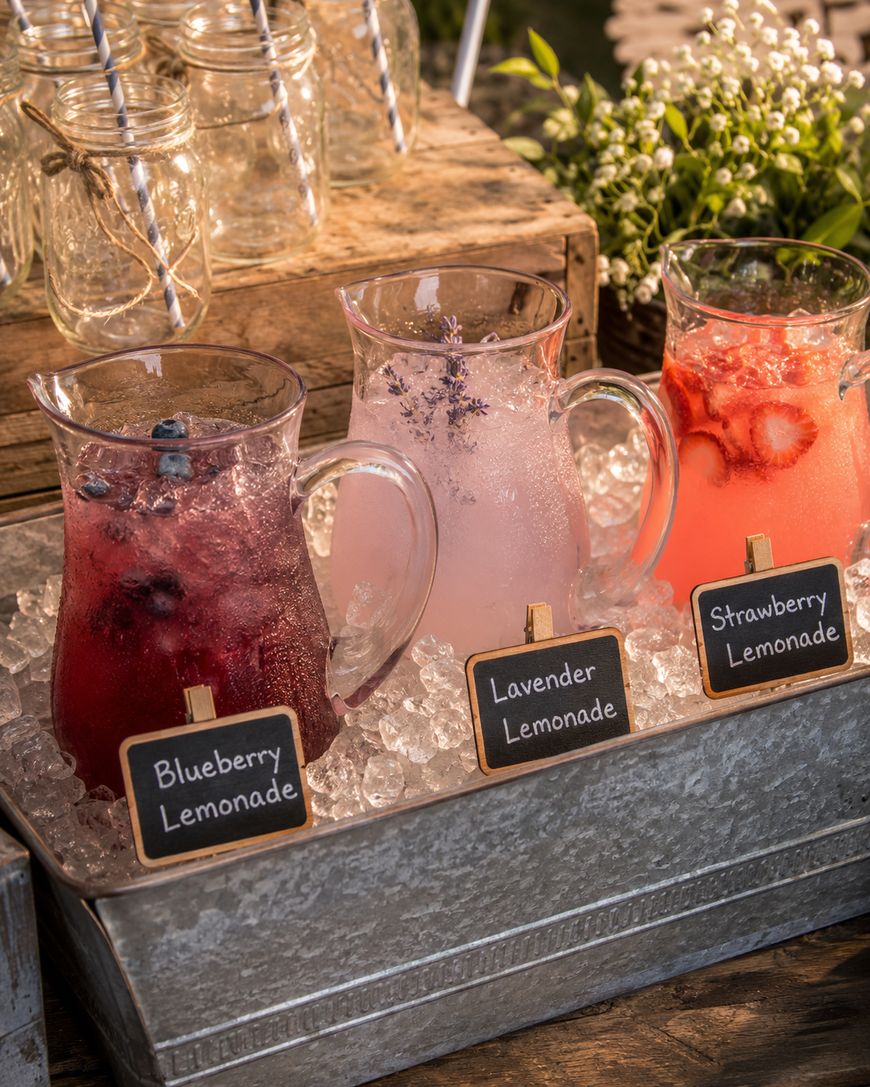 Three pitchers of blueberry, lavender, and strawberry lemonade sit in a metal tray filled with ice. Each pitcher is labeled with a small chalkboard sign. Mason jars and flowers are in the background.
