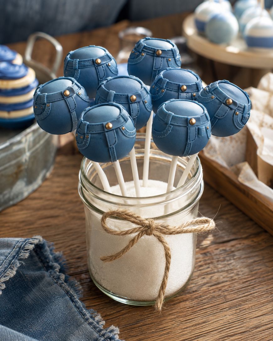 Cake pops decorated to look like blue denim jeans placed on sticks in a glass jar filled with sugar, with a twine bow tied around the jar, on a wooden table.