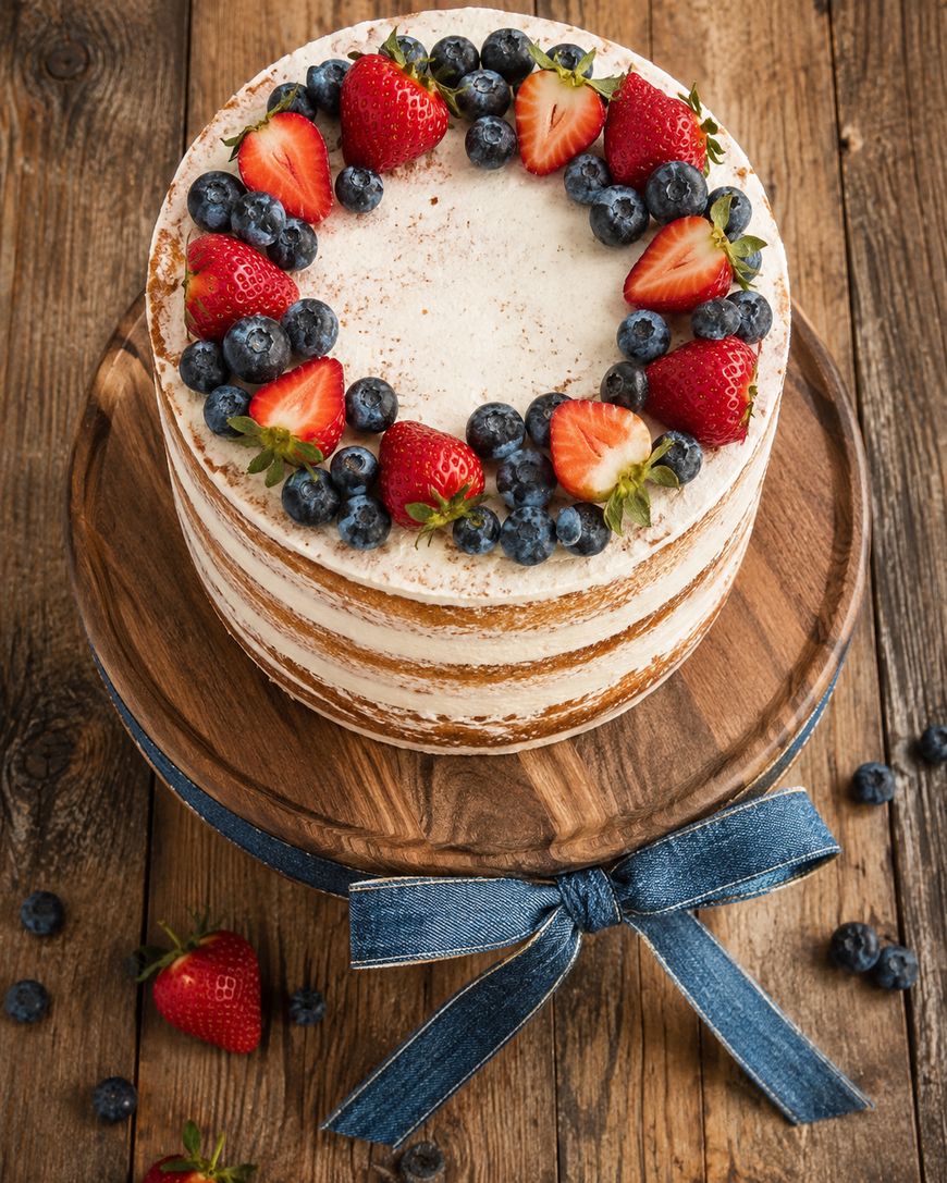 A rustic layer cake with white frosting is topped with fresh strawberries and blueberries. The cake sits on a wooden stand with a blue denim ribbon, on a wooden table scattered with berries.