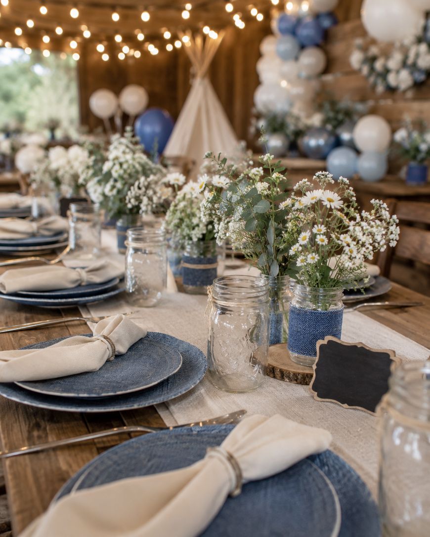 Rustic wooden table set with denim napkins, mason jar glasses, small flower bouquets, and blue-white balloons in the background under string lights. A blank chalkboard sign sits among the decor.