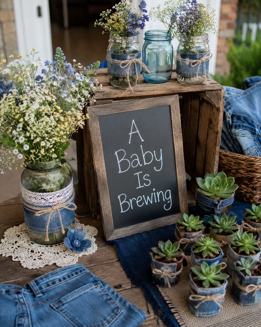 Rustic baby shower setup with a chalkboard sign reading A Baby Is Brewing, surrounded by mason jars of flowers and small potted succulents. Denim and twine decorations complete the cozy display.