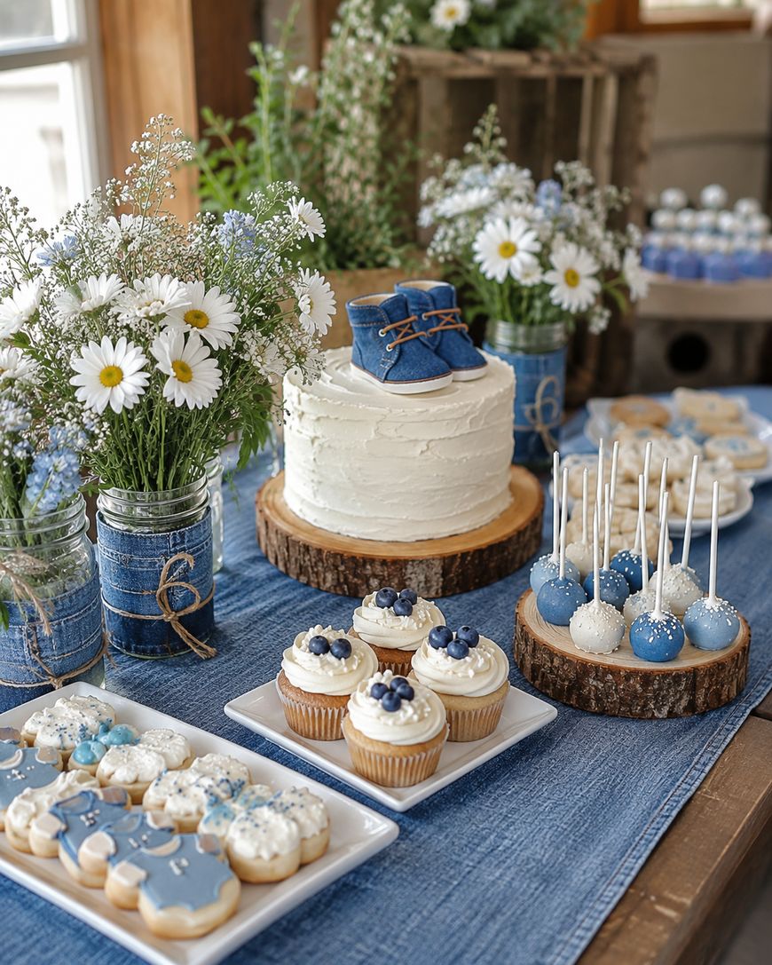 A rustic dessert table with white cake topped by baby blue shoes, cupcakes, cake pops, cookies, and jars of daisies, all on a denim tablecloth with wood accents.