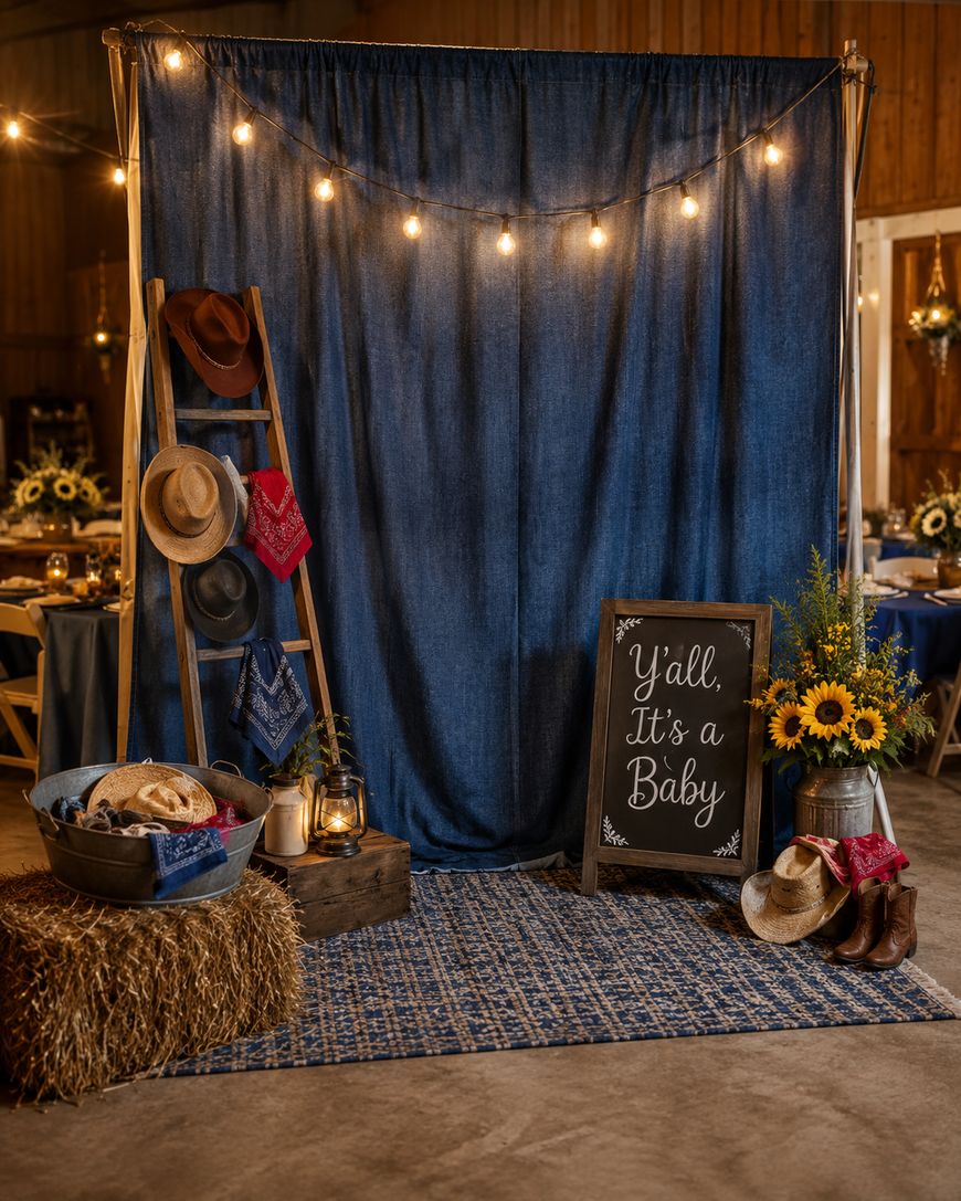 Baby shower with a western theme: cowboy hats, bandanas, boots, sunflowers, hay bale, and a chalkboard sign that reads “Y’all, It’s a Baby” set against a blue curtain with string lights.