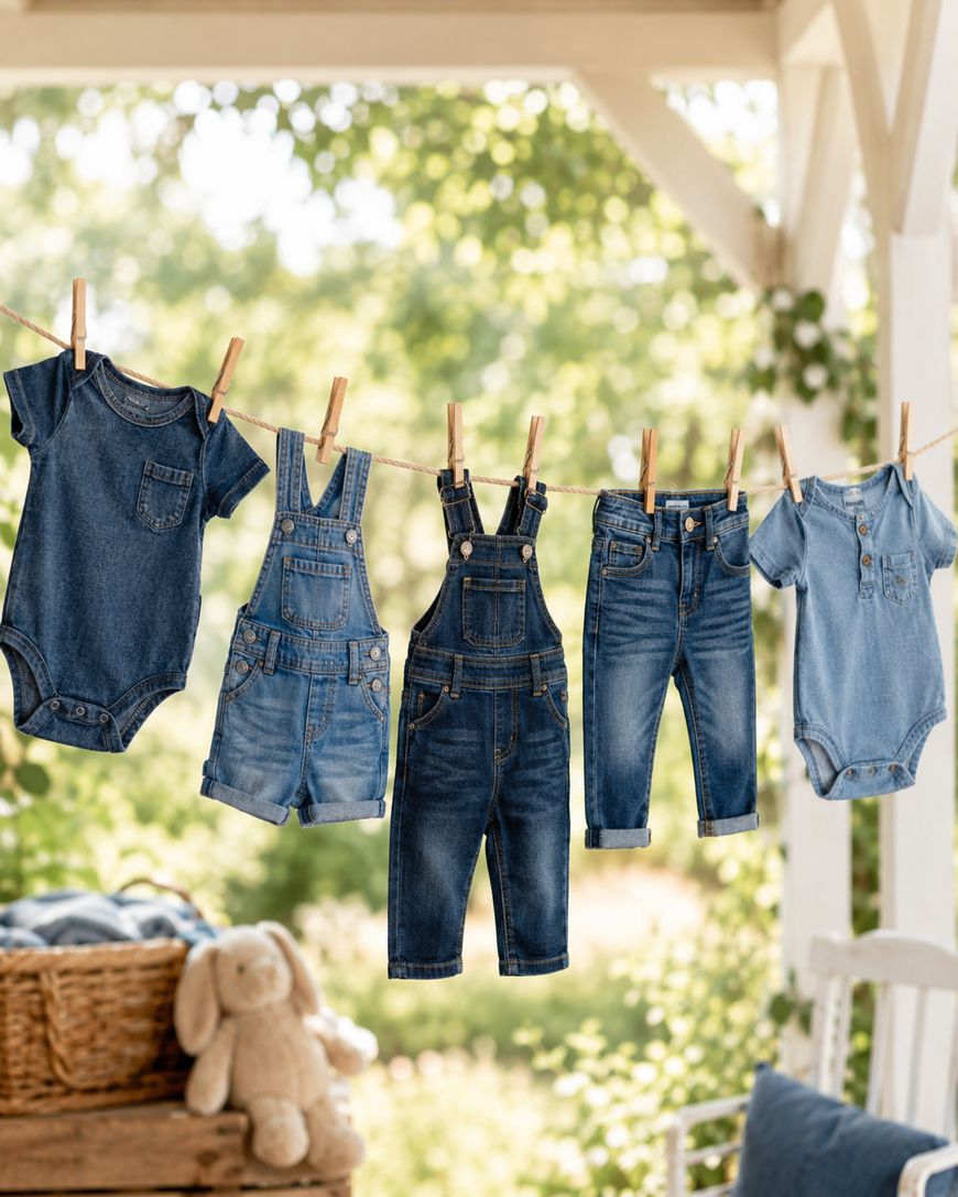 Five pieces of baby denim clothing, including onesies, overalls, and jeans, hang on a clothesline outdoors. A plush bunny and a basket are visible below, with greenery in the background.