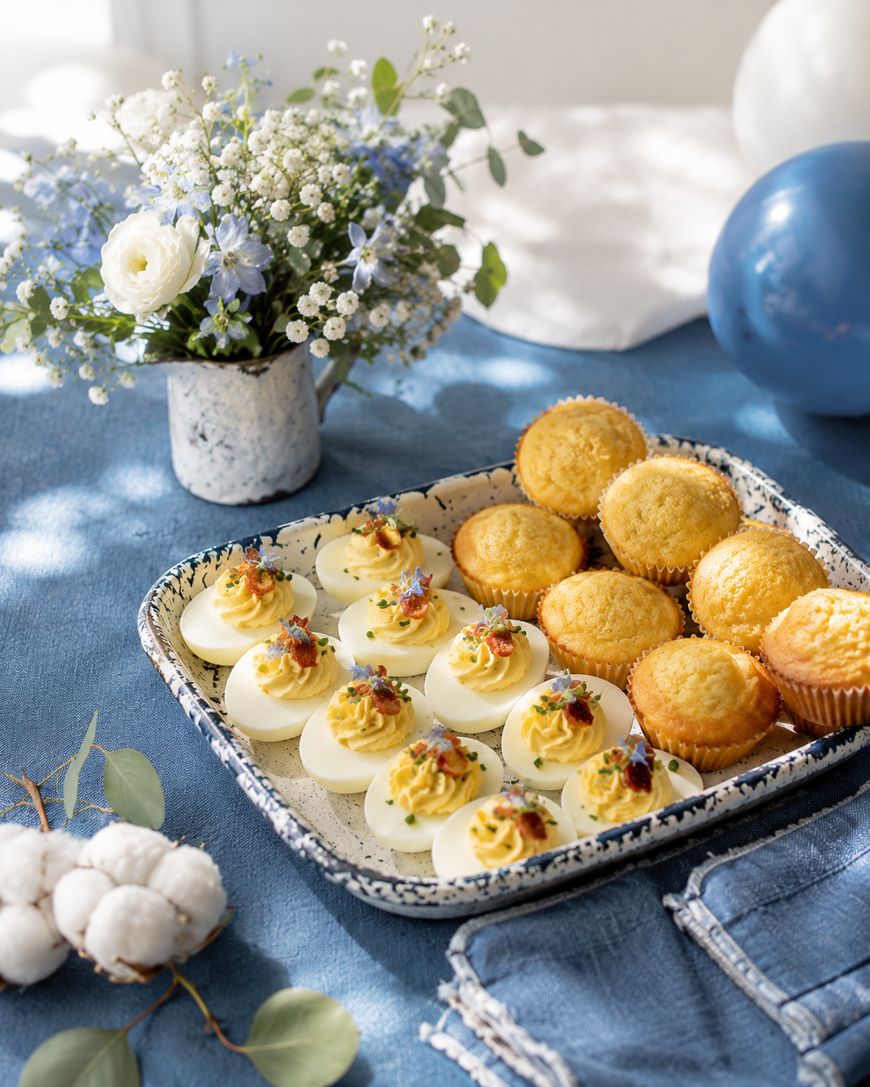 A tray of deviled eggs and muffins on a blue tablecloth, next to a small vase of white and blue flowers. Blue and white balloons and napkins are also visible, creating a festive atmosphere.