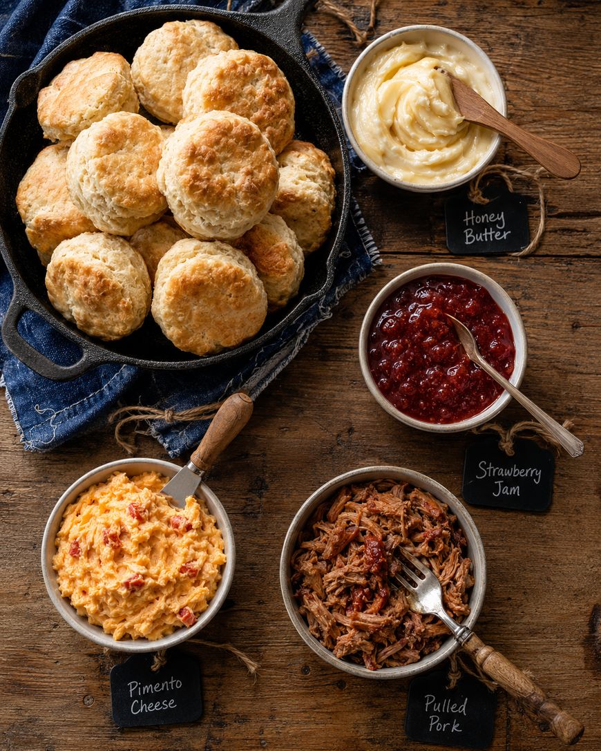 Biscuits in a skillet with bowls of honey butter, strawberry jam, pimento cheese, and pulled pork on a wooden table, each labeled with small chalkboard signs.