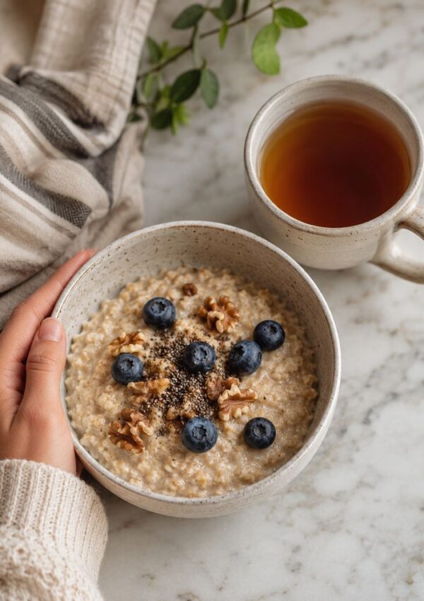 A hand holds a bowl of oatmeal topped with blueberries, walnuts, and seeds. A cup of tea and a striped cloth are beside it on a marble surface.