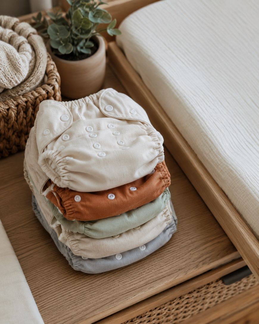 A stack of cloth diapers in neutral and earthy tones sits on a wooden tray next to a plant and a woven basket, with a changing pad nearby.