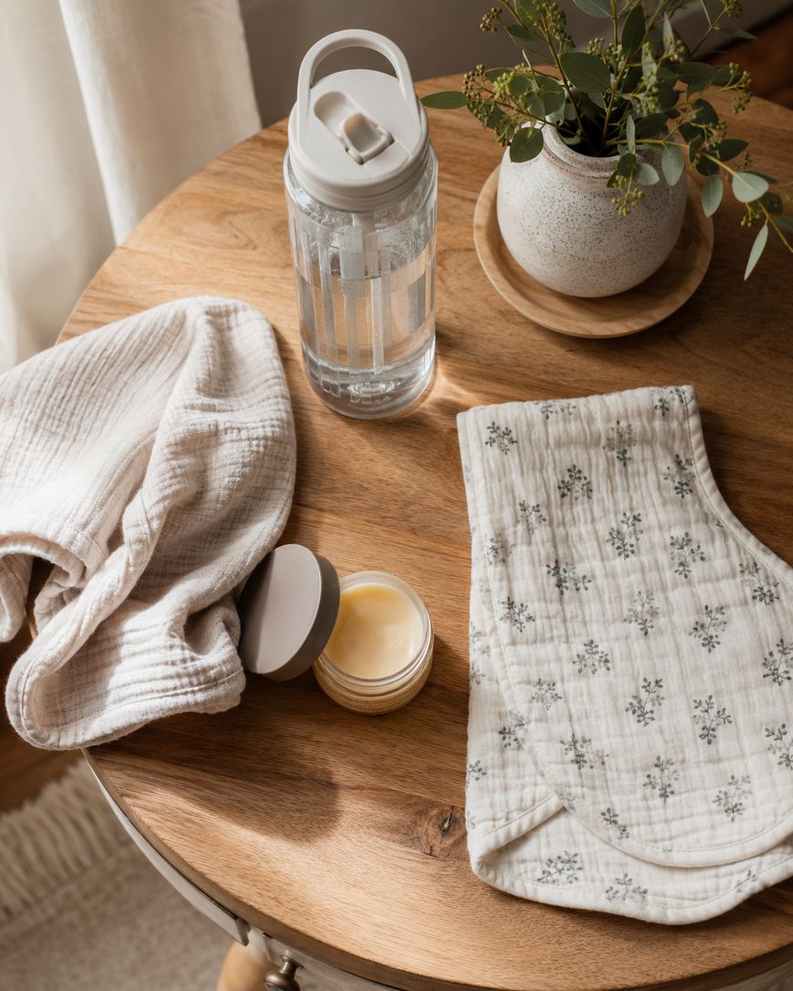 A wooden table with a glass water bottle, a small open jar of balm, a beige muslin cloth, a patterned burp cloth, and a potted plant. Sunlight softly lights the scene.