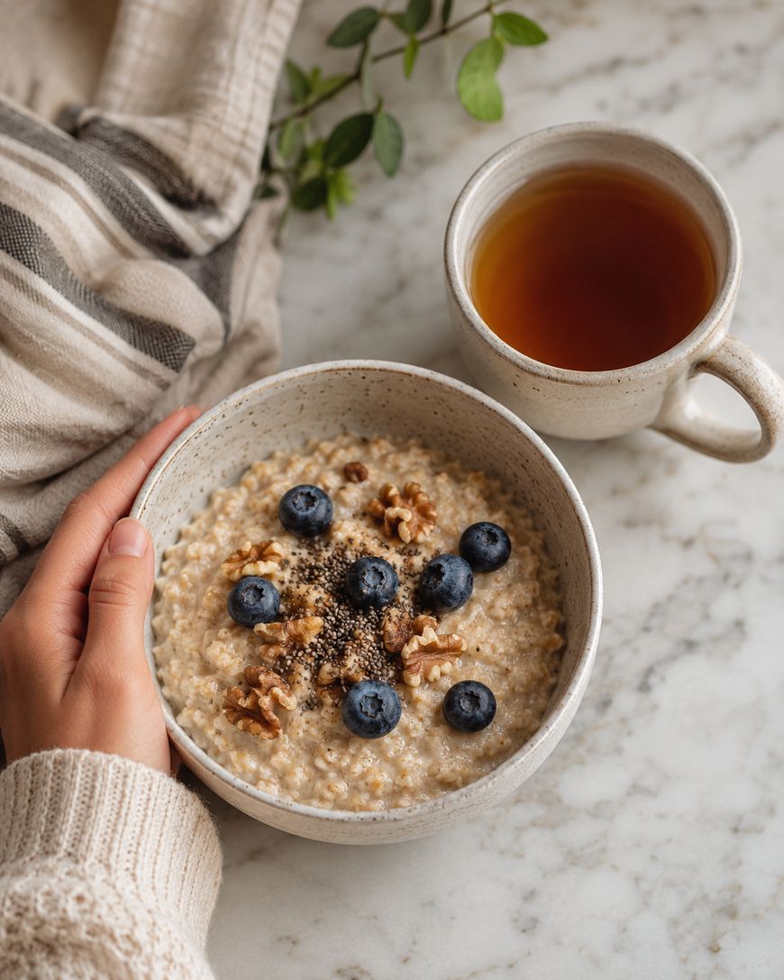 A hand holds a bowl of oatmeal topped with blueberries, walnuts, and chia seeds. A cup of tea sits nearby on a marble surface, with a striped cloth and a green leafy plant in the background.