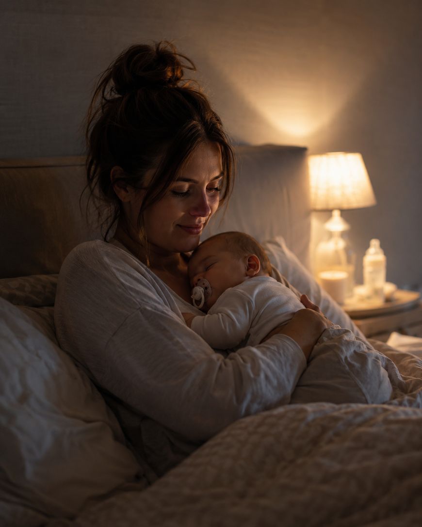 A woman sits in bed, gently cradling a sleeping baby in her arms. Warm, soft lighting from a bedside lamp creates a peaceful, cozy atmosphere.