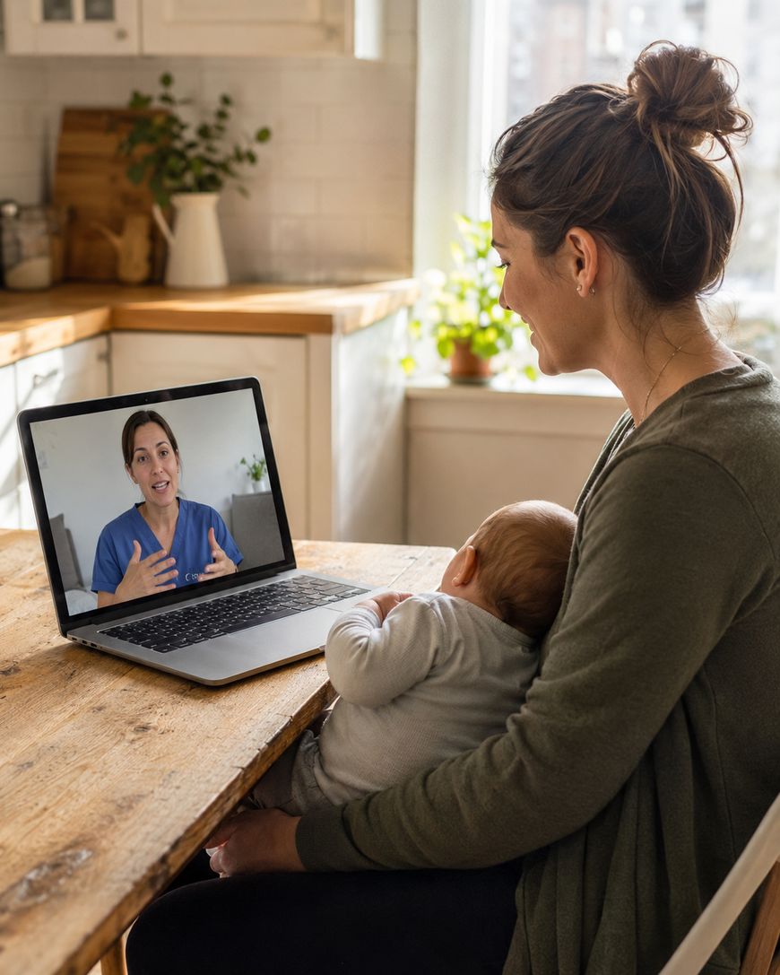 A woman holds a baby in her lap while sitting at a table and having a video call with a healthcare professional on her laptop.