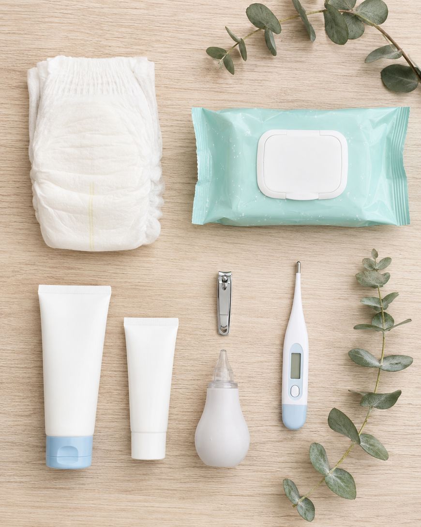 Flat lay of baby care items on a wooden surface, including a diaper, baby wipes, two tubes of cream, a nail clipper, a nasal aspirator, a digital thermometer, and sprigs of eucalyptus leaves.