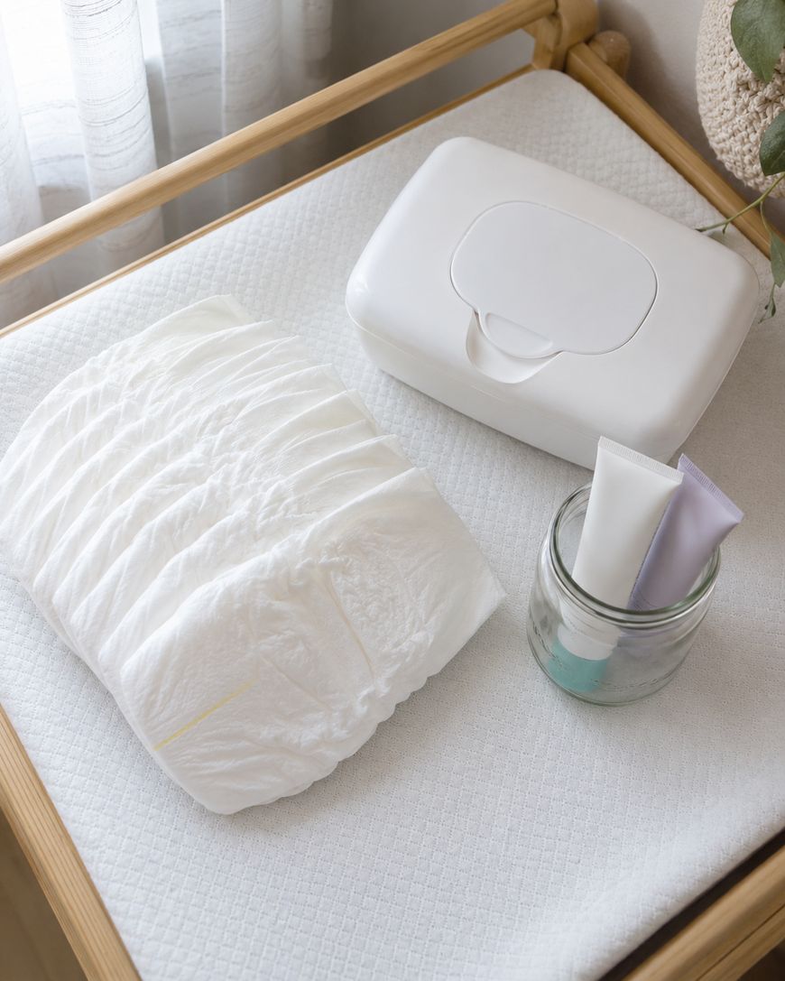 A diaper, a white baby wipes container, and three tubes of cream in a glass jar are arranged on a padded changing table with a textured white cover.