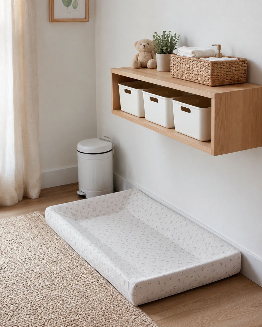 A baby changing pad with a patterned cover sits on a wooden floor beneath a floating shelf holding three white storage bins, a wicker basket, and a teddy bear in a softly lit, neutral-toned nursery.