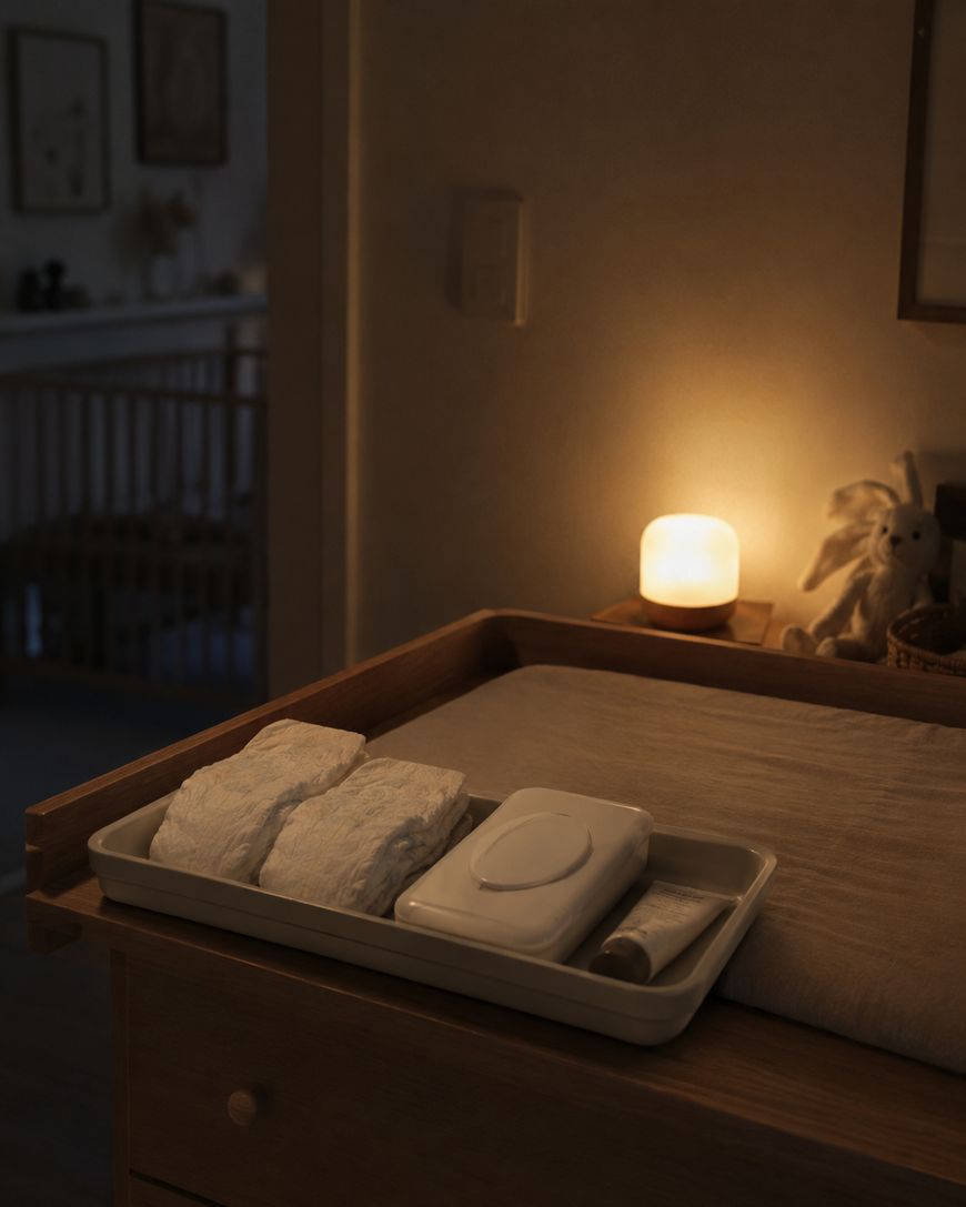 A softly lit changing table holds a tray with diapers, wipes, and a cream tube. A small lamp glows warmly in the background, with a stuffed animal sitting nearby, creating a calm, cozy nursery atmosphere.