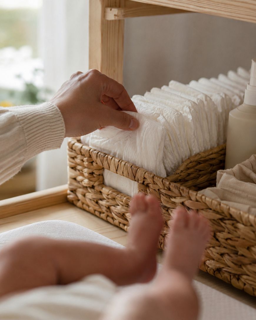 A close-up of an adult hand reaching for a diaper from a woven basket on a changing table, with a baby lying in the foreground and baby supplies nearby.