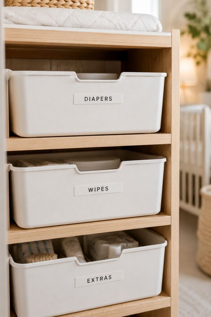 A wooden shelf holds three white labeled storage bins organized by category: diapers, wipes, and extras. The shelf is in a softly lit, cozy nursery setting.