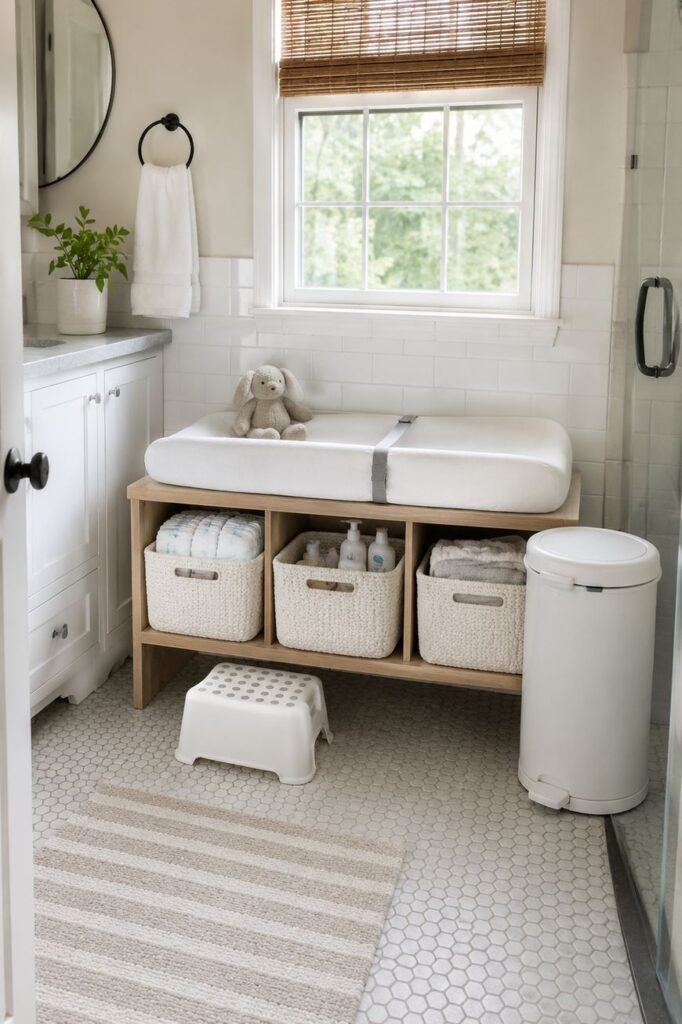 A bright bathroom with a changing table holding a stuffed bunny and three woven baskets underneath, a white step stool, striped rug, towel on a ring, round mirror, and window with bamboo shade.