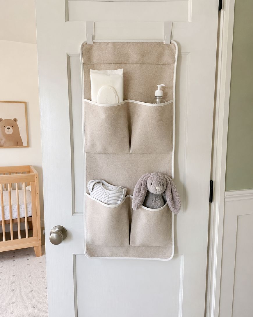 A beige hanging organizer with four pockets is on a white door. The pockets hold wipes, lotion, folded blankets or clothes, and a gray stuffed bunny. A crib and bear picture are visible in the background.