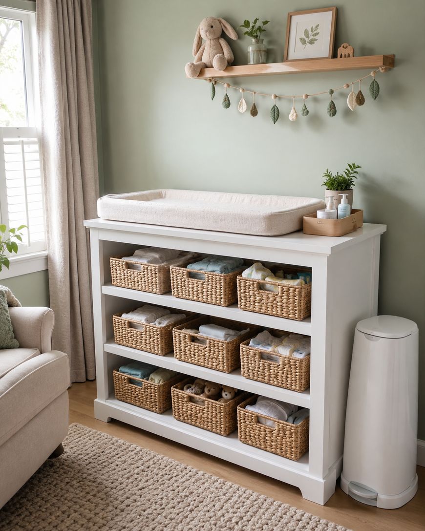 A nursery with a white changing table topped by a cushioned pad, nine wicker baskets filled with baby supplies, a diaper bin, and a shelf above holding a plush bunny, plants, and framed art.