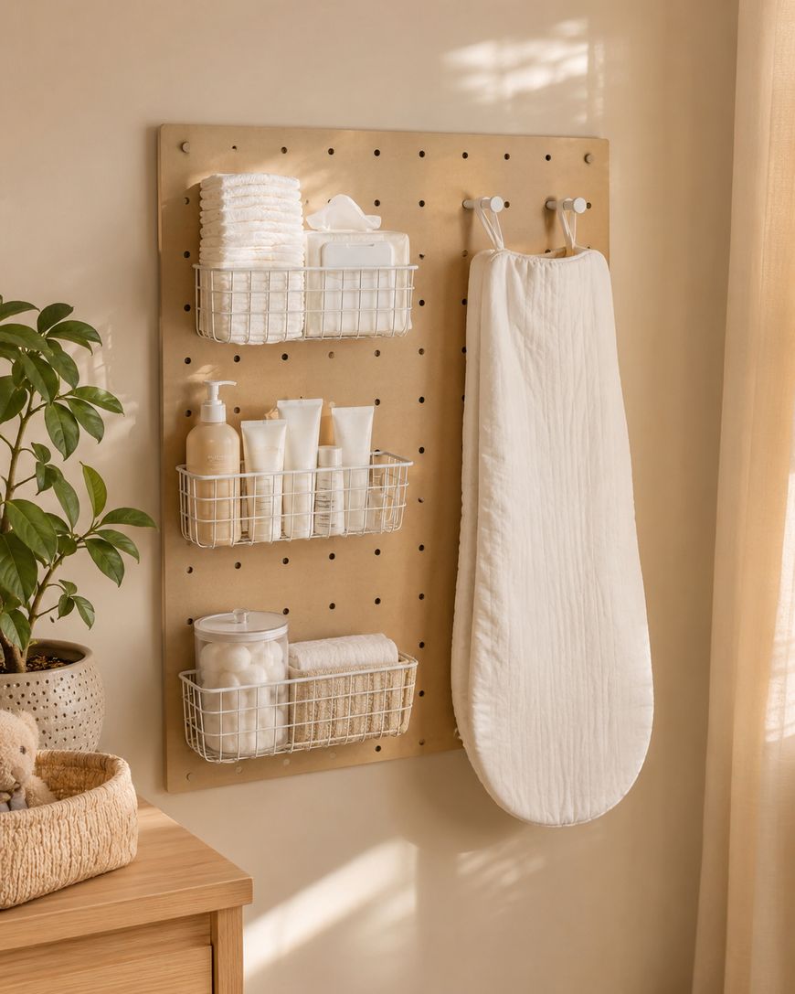 A beige pegboard with three wire baskets holding folded towels, bottles, and baby care items, and a white padded changing mat hanging on a hook, mounted on a wall in a softly lit nursery.