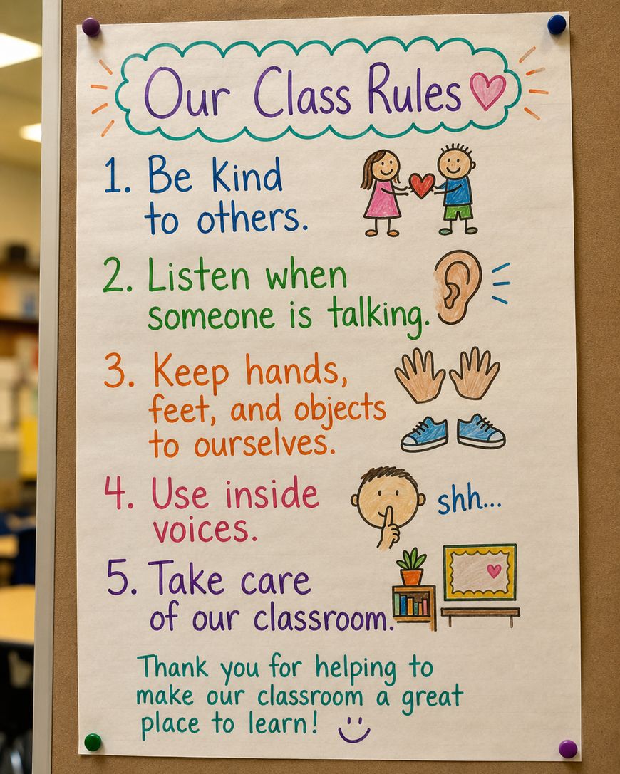 A colorful classroom poster titled Our Class Rules lists five rules with drawings: be kind, listen, keep hands/feet/objects to self, use inside voices, and take care of the classroom. A thank you note is at the bottom.