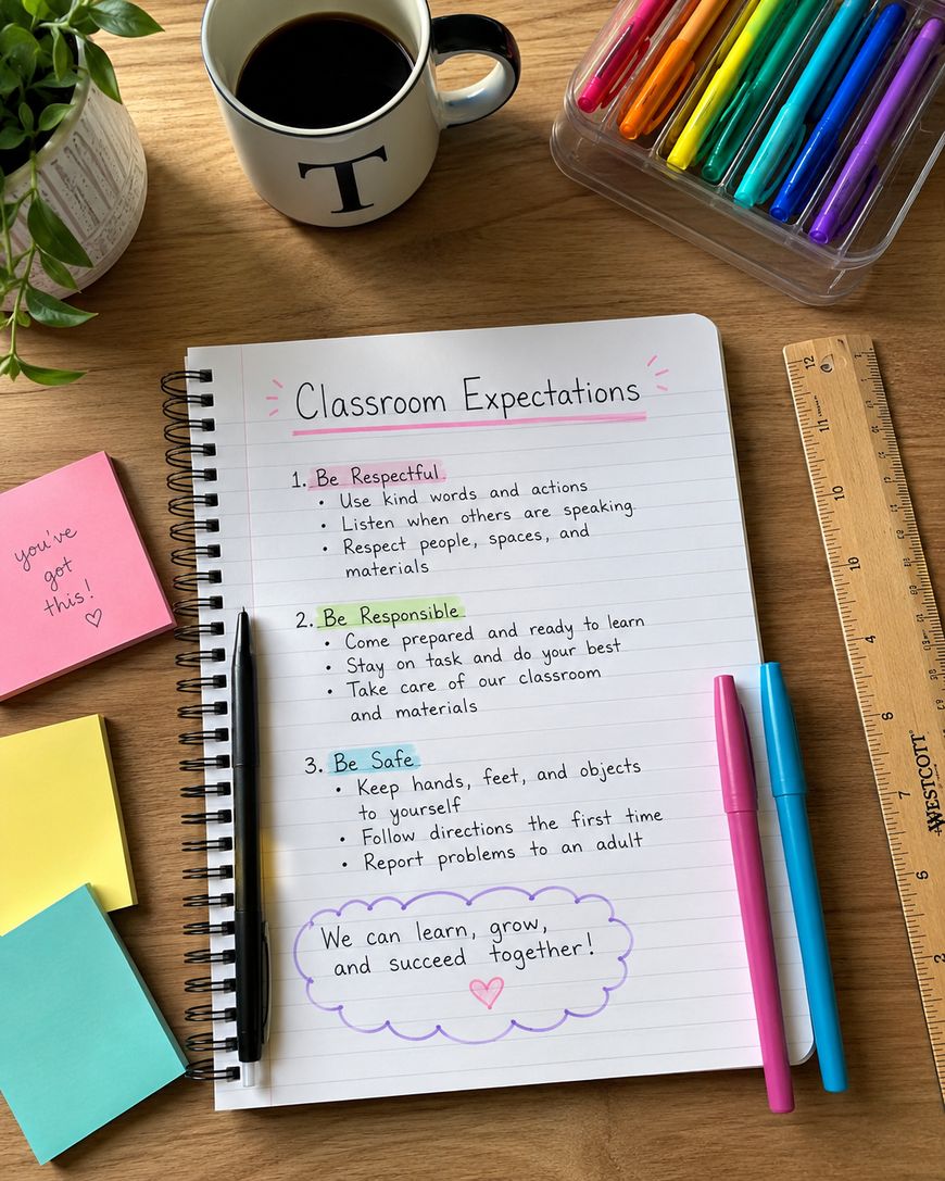 A spiral notebook on a desk displays handwritten Classroom Expectations with colorful pens, sticky notes, a ruler, markers, and a mug of coffee nearby. The page lists rules about being respectful, responsible, and safe.