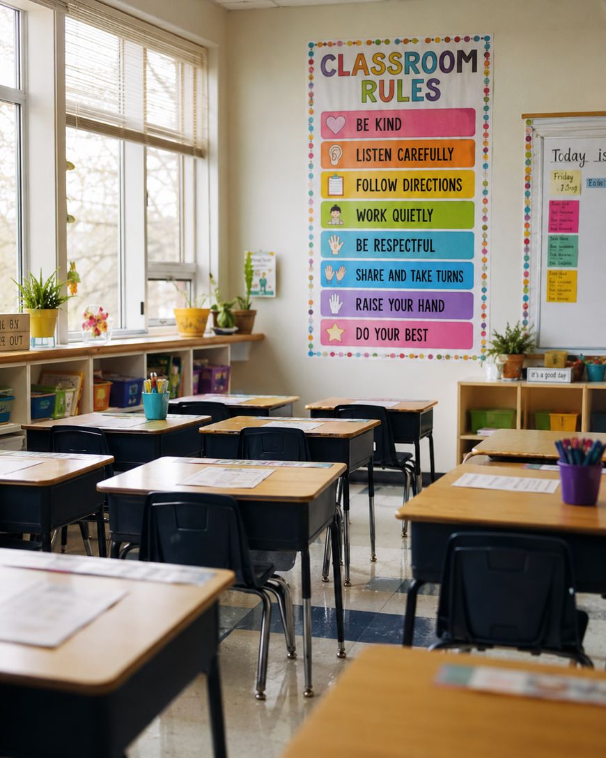 A bright classroom with empty desks and a colorful Classroom Rules poster on the wall listing rules like Be Kind, Listen Carefully, and Work Quietly. Sunlight streams in through large windows.