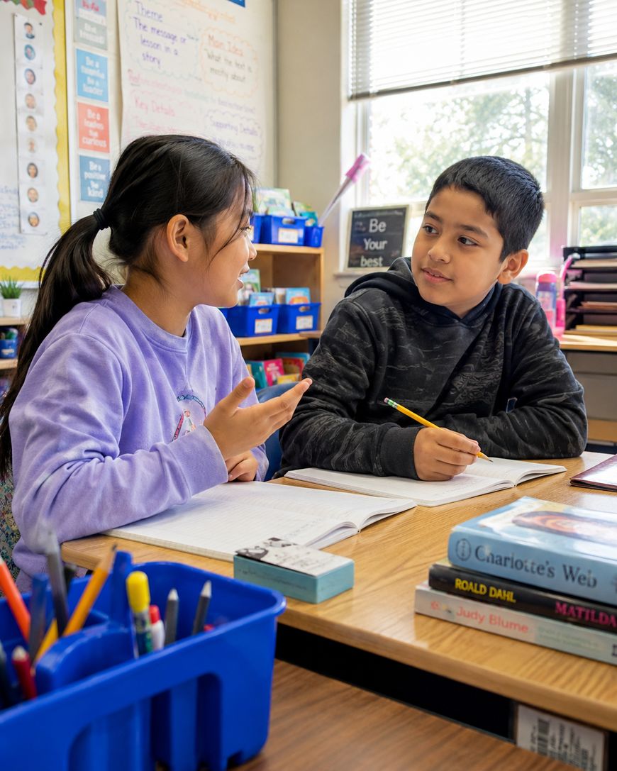 Two children sit at a classroom desk, talking and smiling while working on assignments. Books, notebooks, and pencils are on the desk, and colorful classroom materials and a window are in the background.