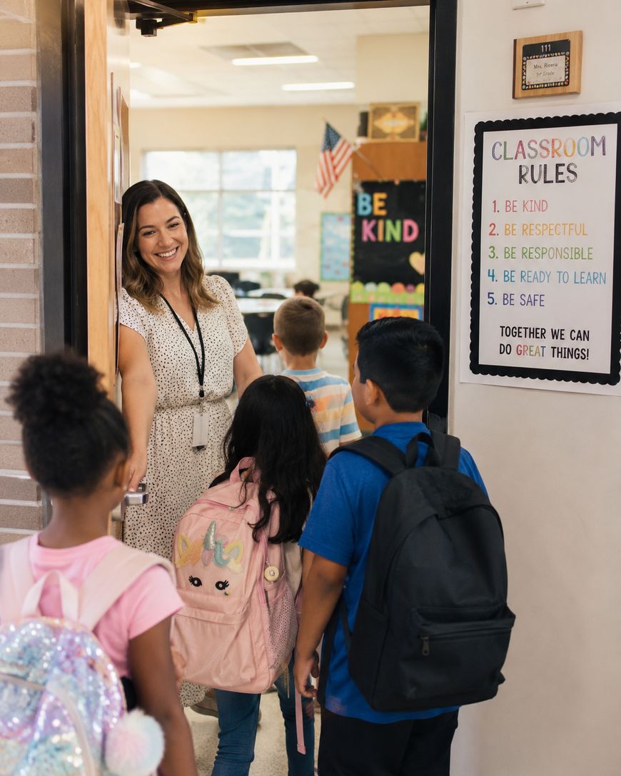 A smiling teacher stands at a classroom door, greeting three young students with backpacks as they enter. A sign with classroom rules is visible on the wall, and the classroom is decorated with colorful posters.